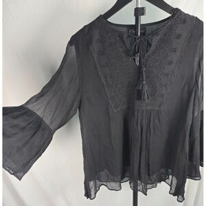 Black Sheer Embroidered Peasant Top Bell Sleeve Tassel Witchy Goth Sz Medium NWT